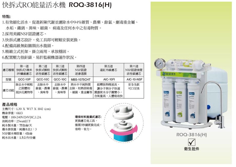快拆式RO能量活水機 ROQ-3816-2
