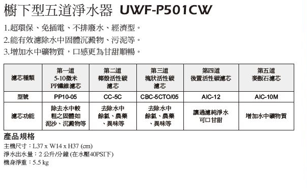 櫥下型五道淨水器 UWF-P501CW-1